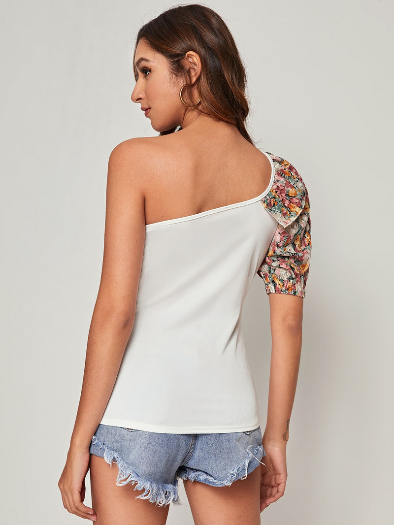 One Shoulder Ruffle Floral Top - Purple Trendz