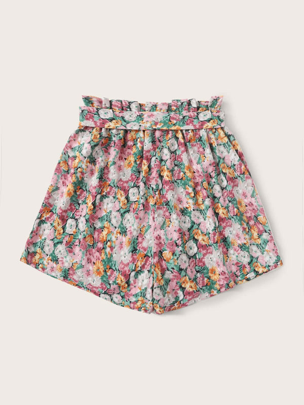 Allover Floral Print Belted Paperbag Shorts - Purple Trendz