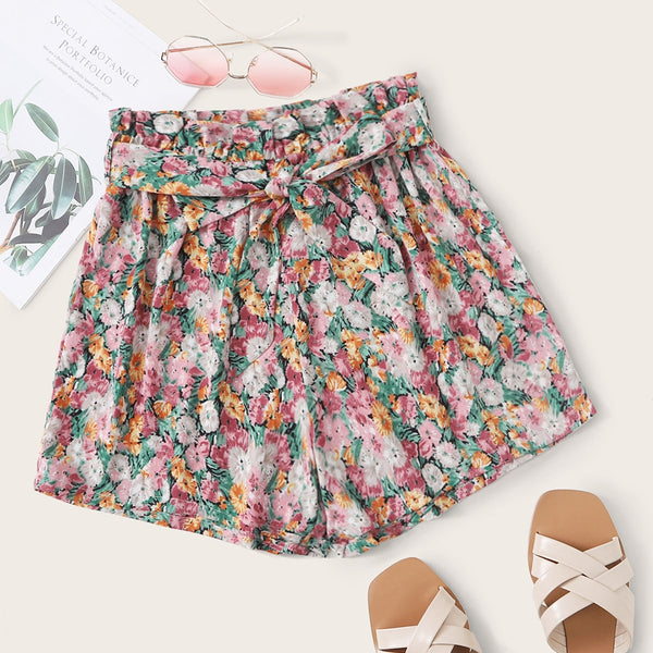 Allover Floral Print Belted Paperbag Shorts - Purple Trendz