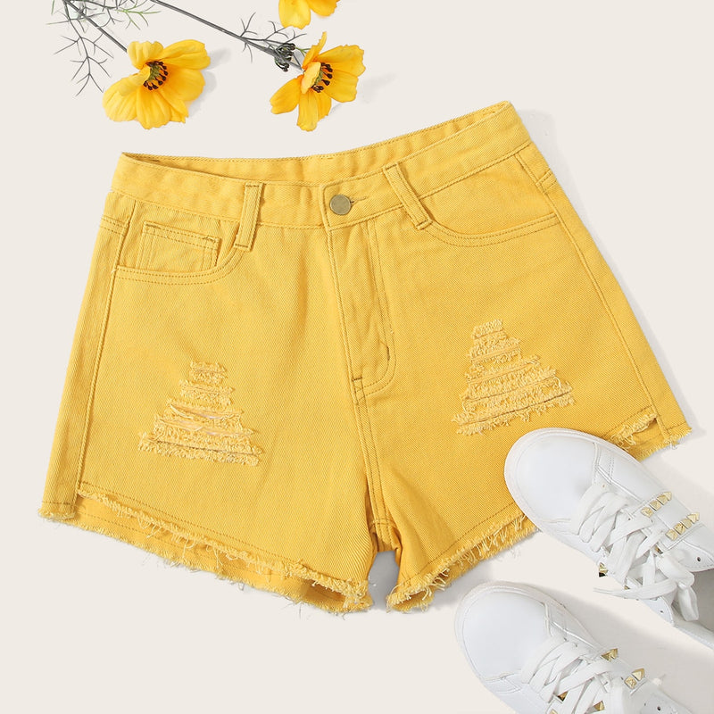 Waven Alma high rise colour pop denim shorts with turn up hem in bright  yellow (part of a set) | ASOS